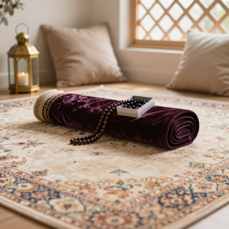AI-generated picture: Prayer rug with 99-bead tasbih