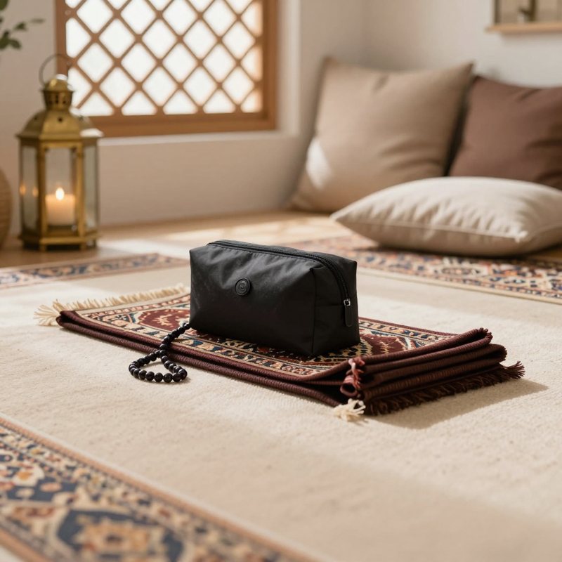 AI-generated picture: Prayer rug with tasbih and travel bag