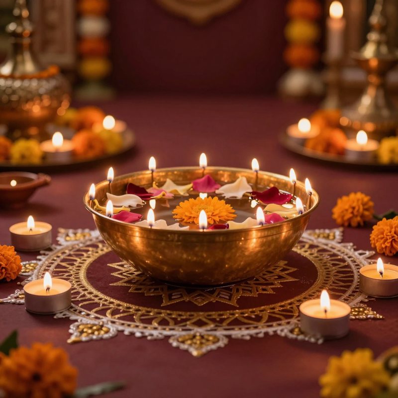 AI-generated picture: Urli bowl with 12 diya holders