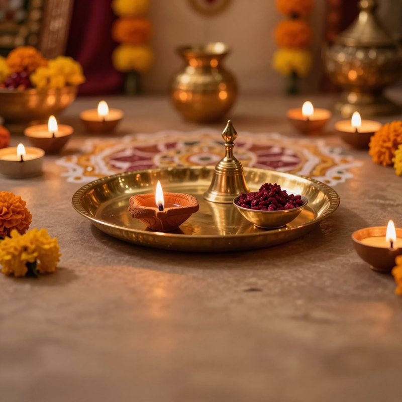 AI-generated picture: Brass pooja thali with diya, kalash, and bell